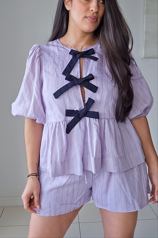 Striple puff sleeve peplum top and shorts set