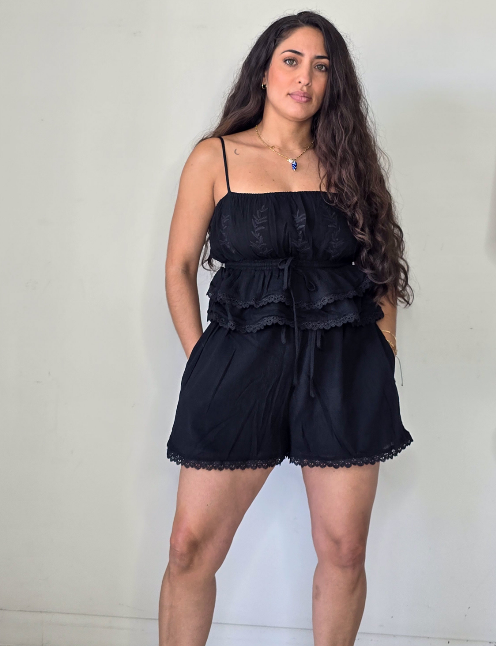 Gauze Embroidery cami top and shorts set