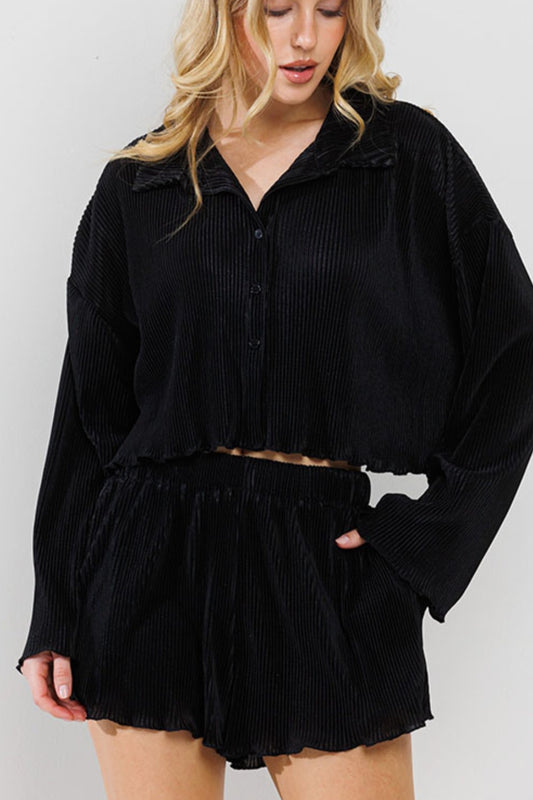 Black pleated top and shorts set