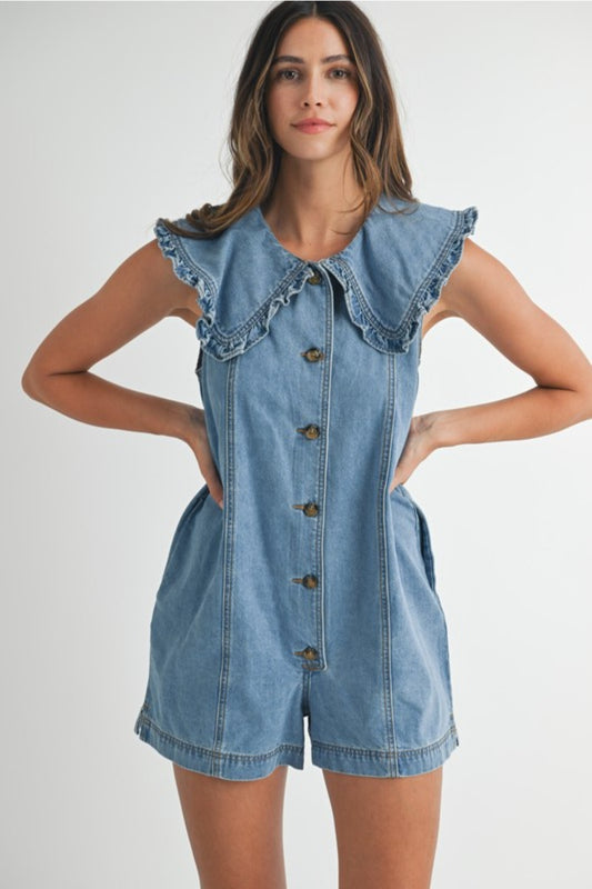 Collar button down denim romper