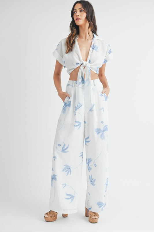 Printed front tie crop top and trousers set