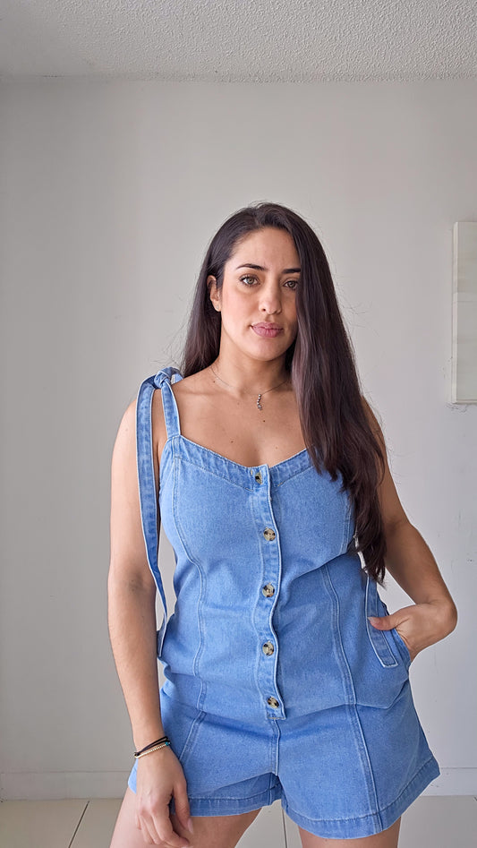 Denim Button-down romper with shoulder tie bows
