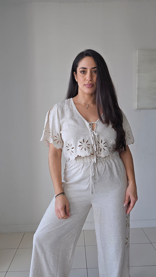 Linen cutout embroidered bow tie top and pants set