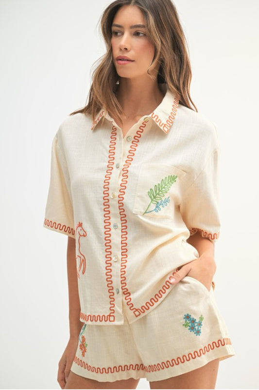 Embroidered button shirt and shorts set