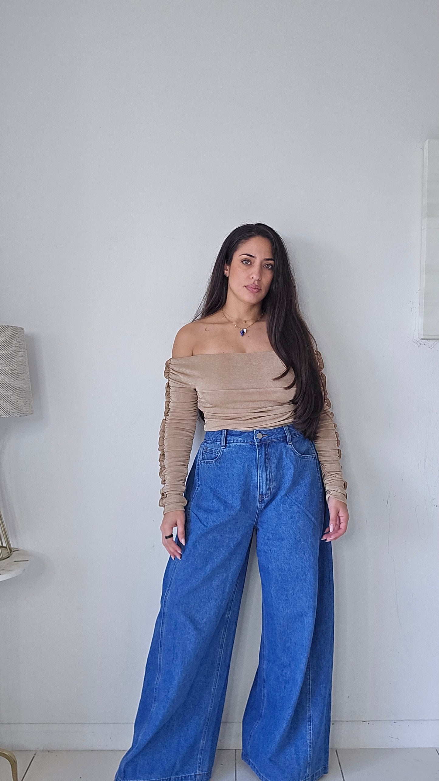 Pleated wide leg denim pants