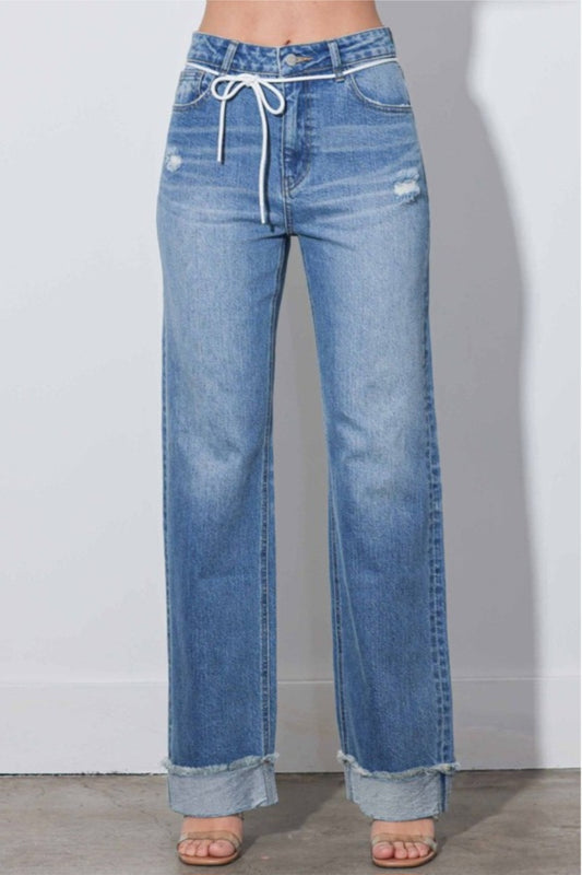High-rise straight jeans with drawstring (Vibrant)