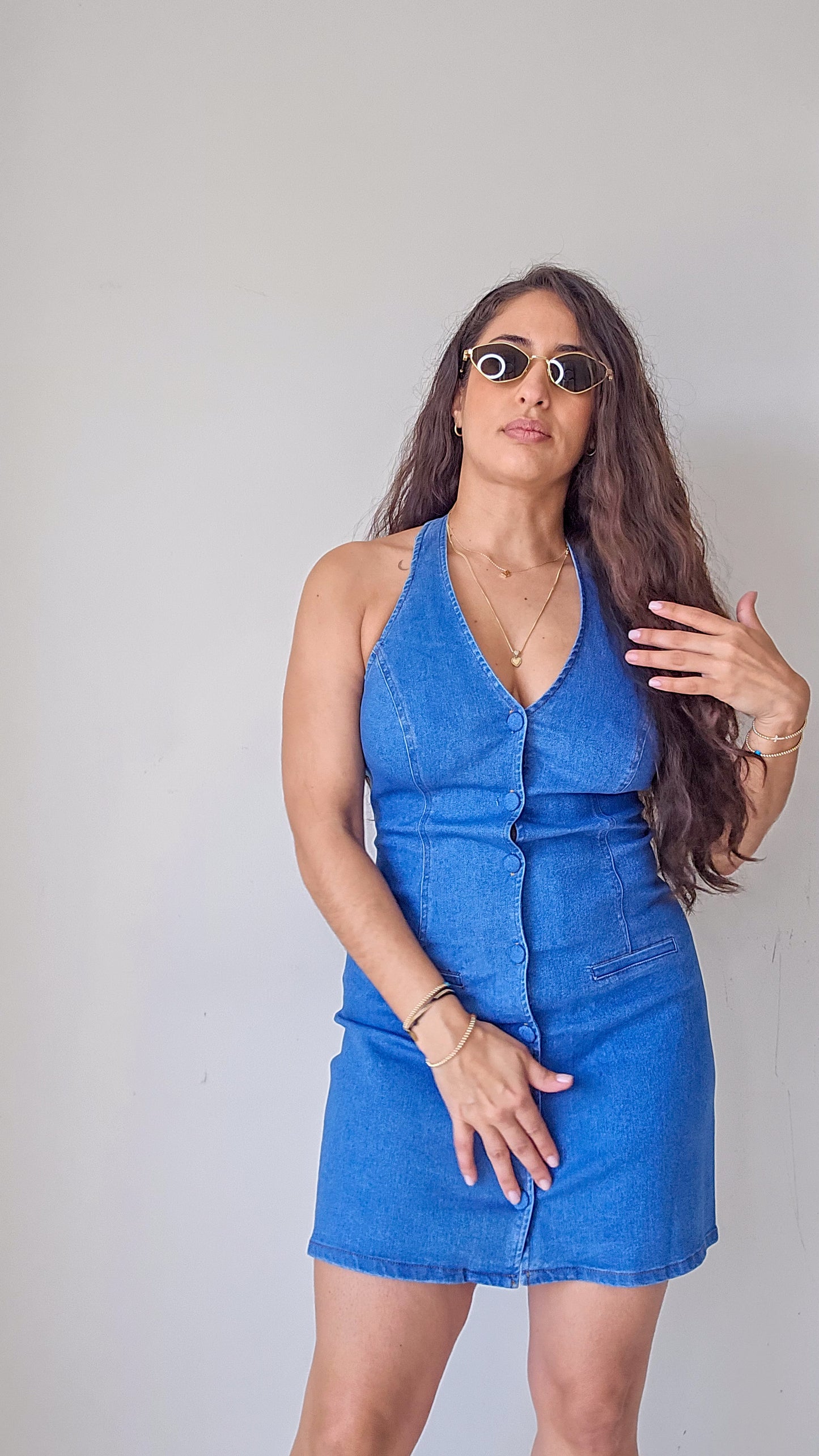 Halter neck denim mini dress