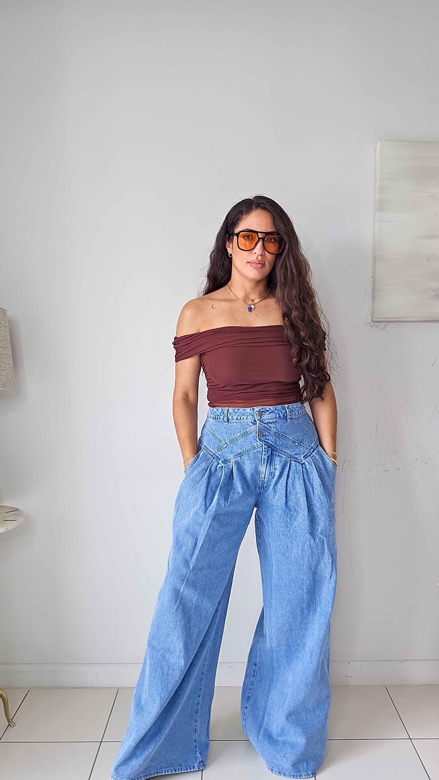 Pin tuck wide leg denim pants