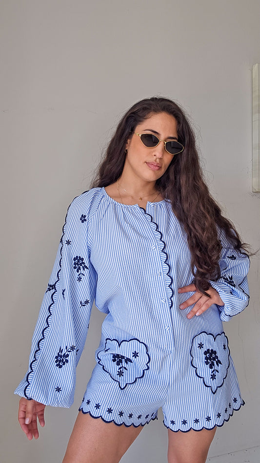 Embroidered heart pockets romper