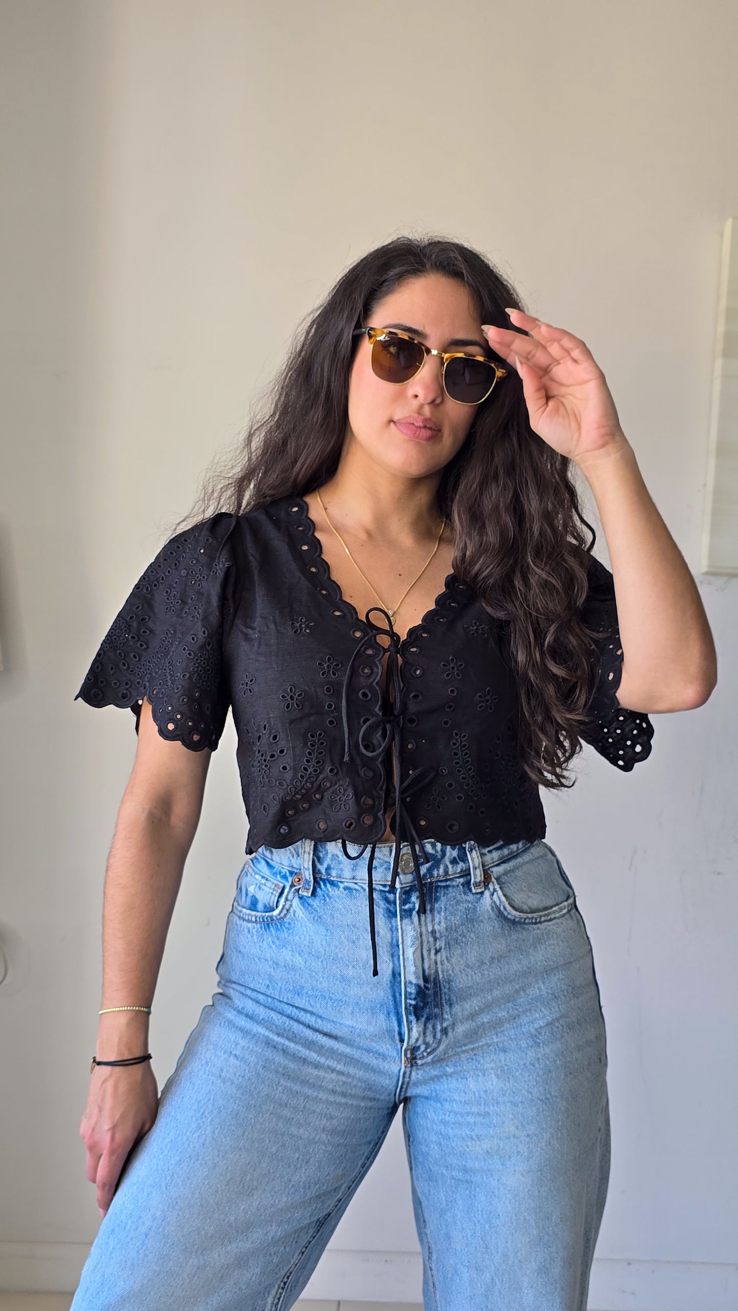 Black linen eyelet top