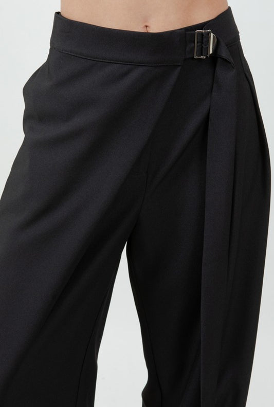 Pleated wrap over adjustable belt trousers