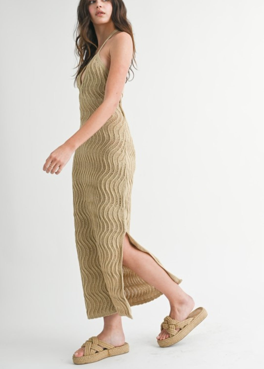 Wavy open back knit midi dress