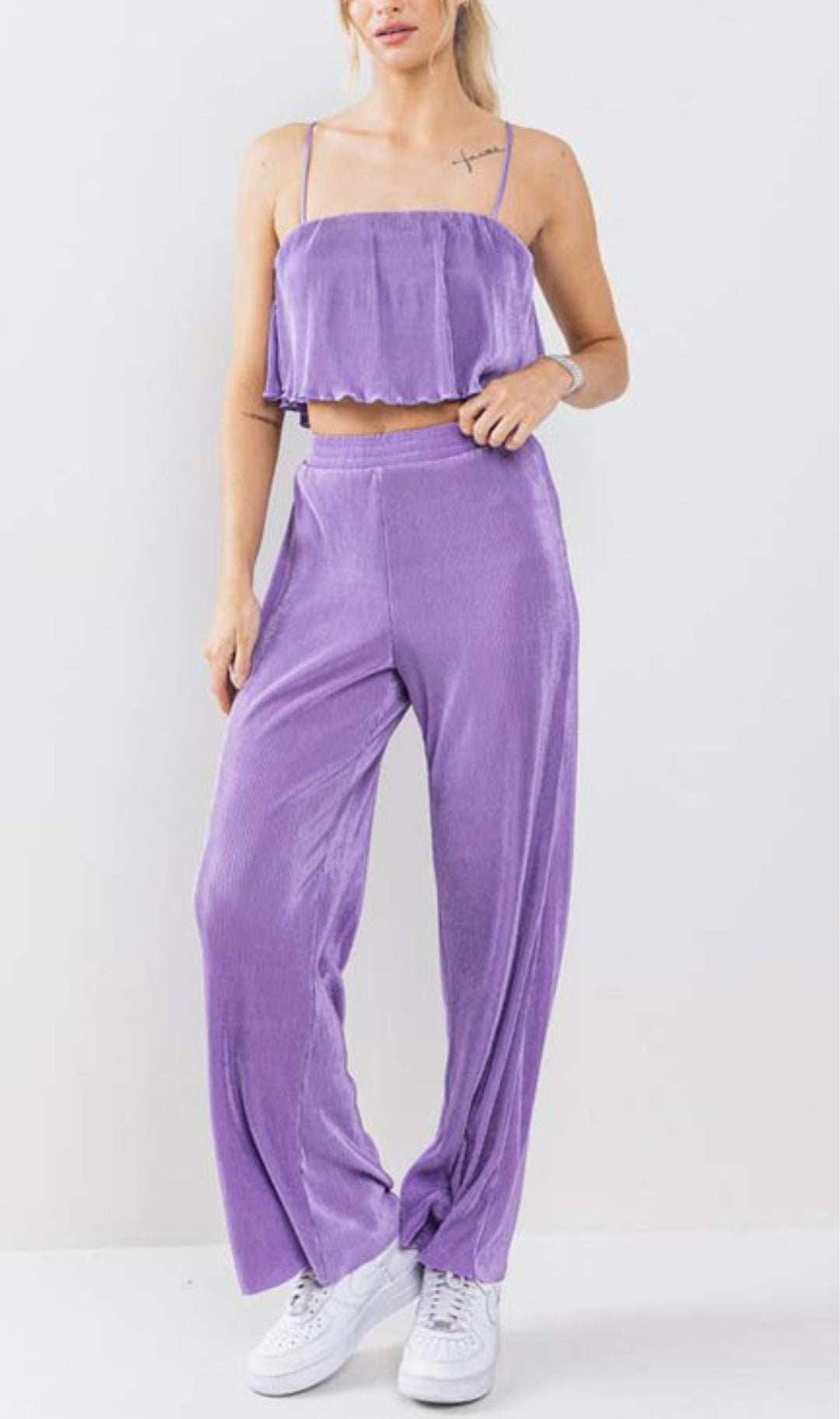 Purple pleated top and pants set