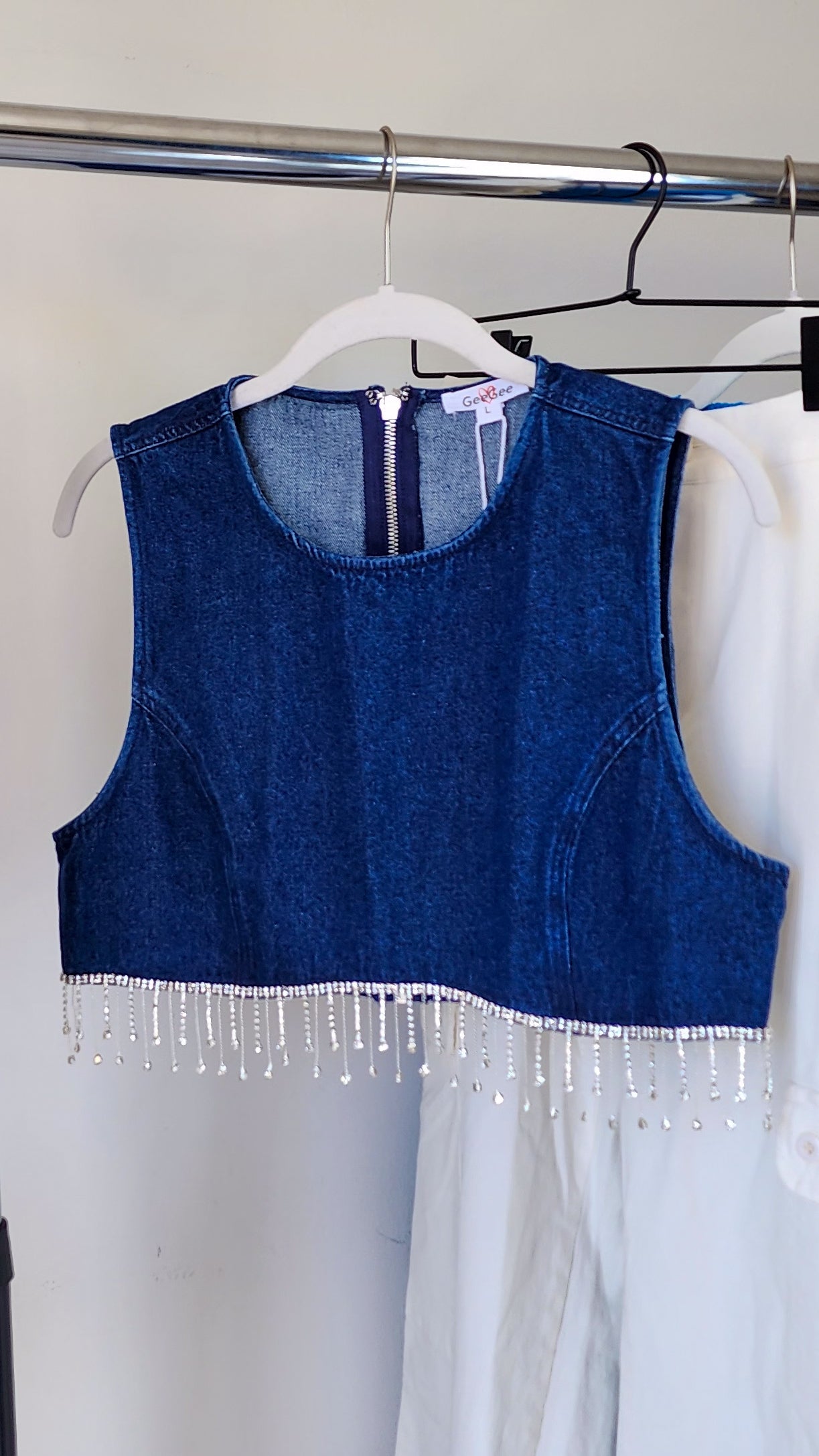 Denim top w/ rhinestones fringe