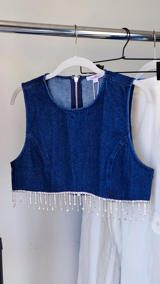 Denim top w/ rhinestones fringe