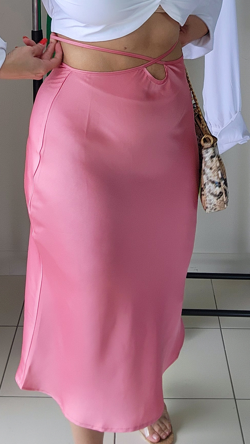 Pink satin midi skirt