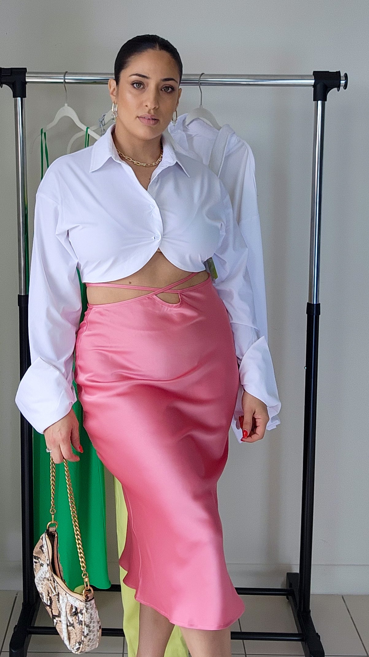 Pink satin midi skirt