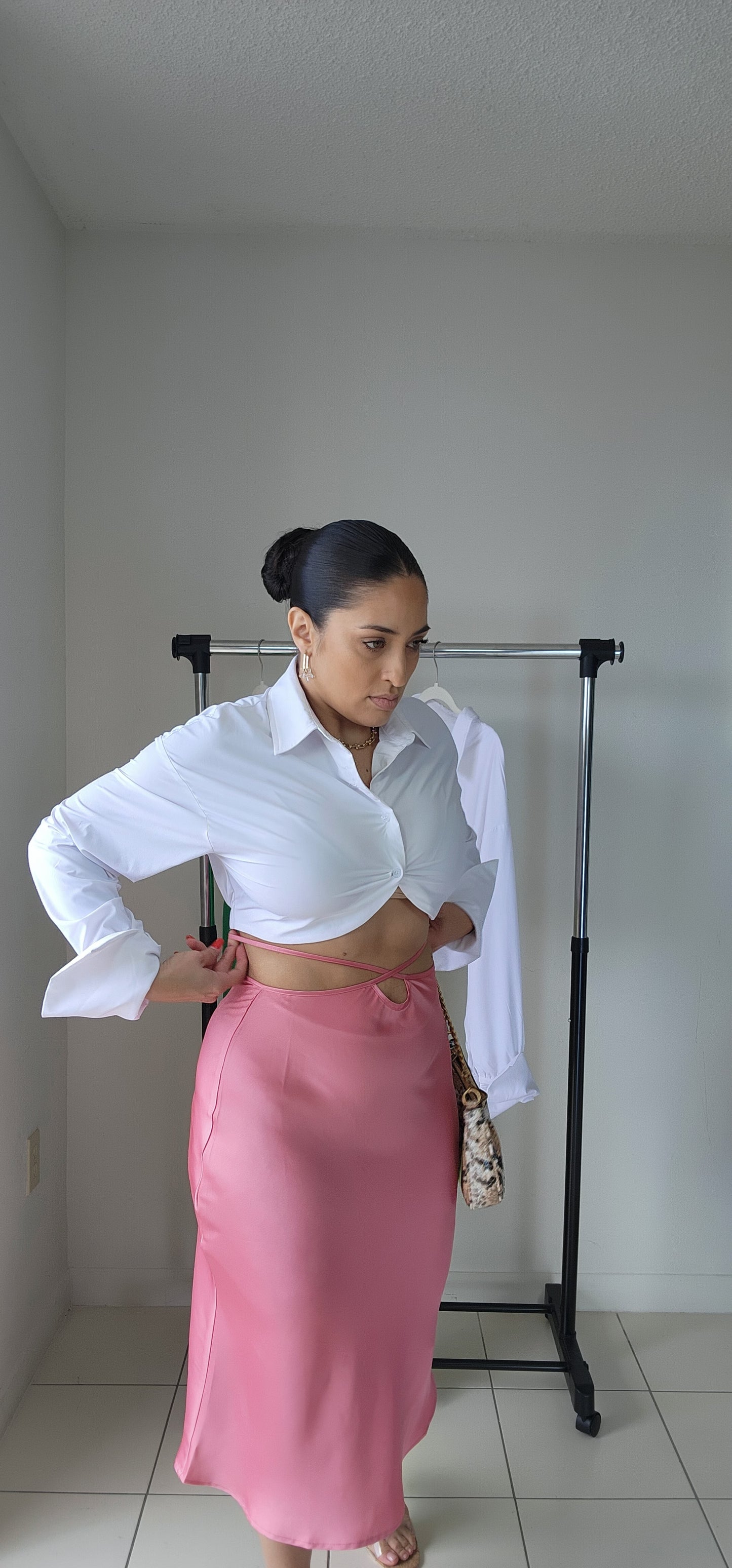 Pink satin midi skirt