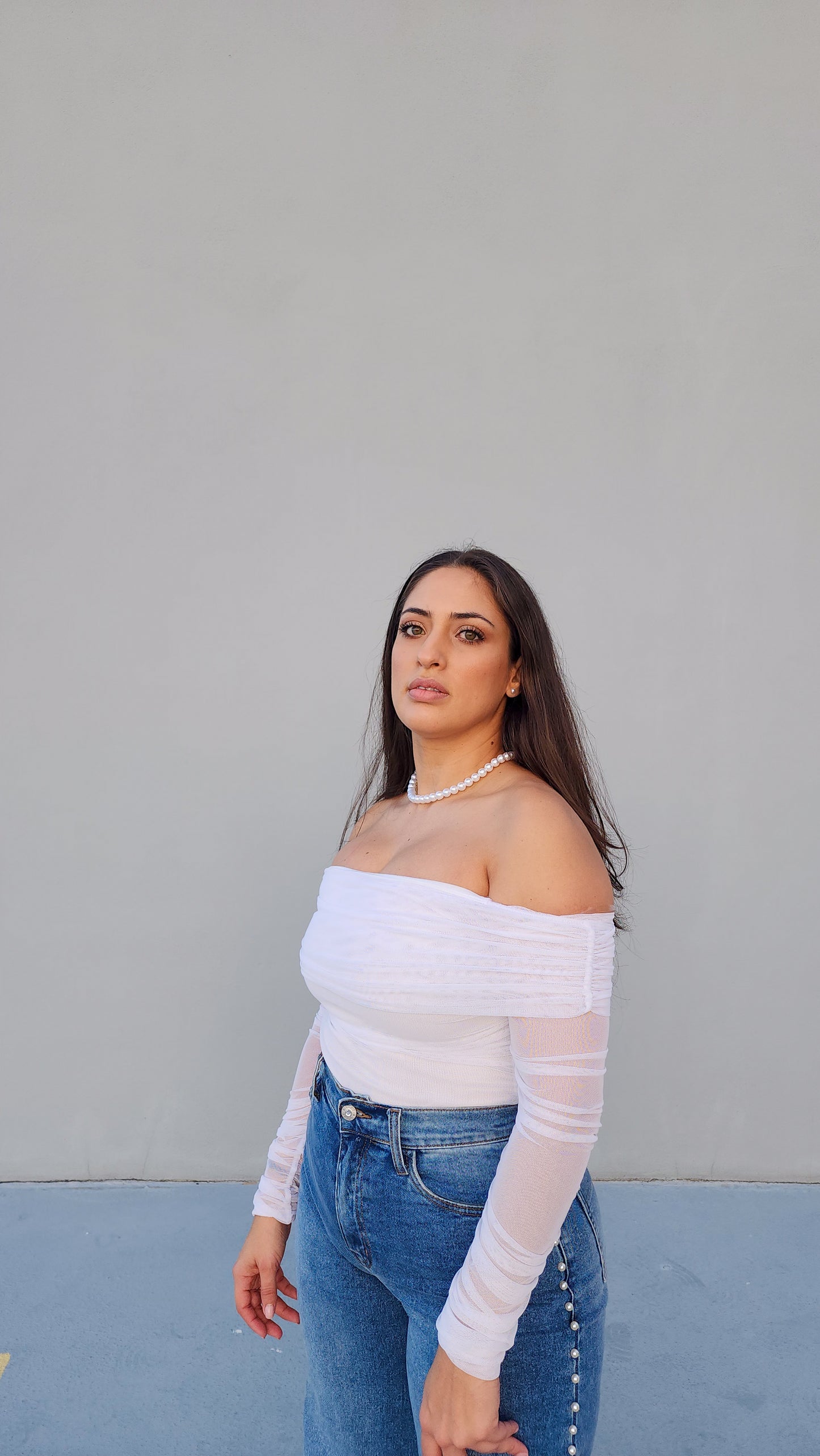 Off shoulder mesh top