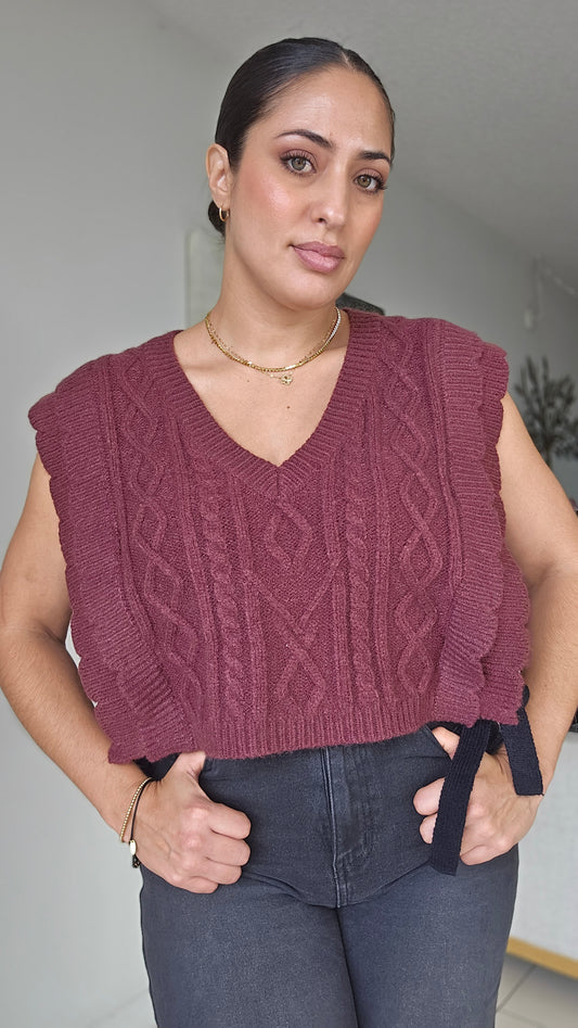 Burgundy knit vest with side bow