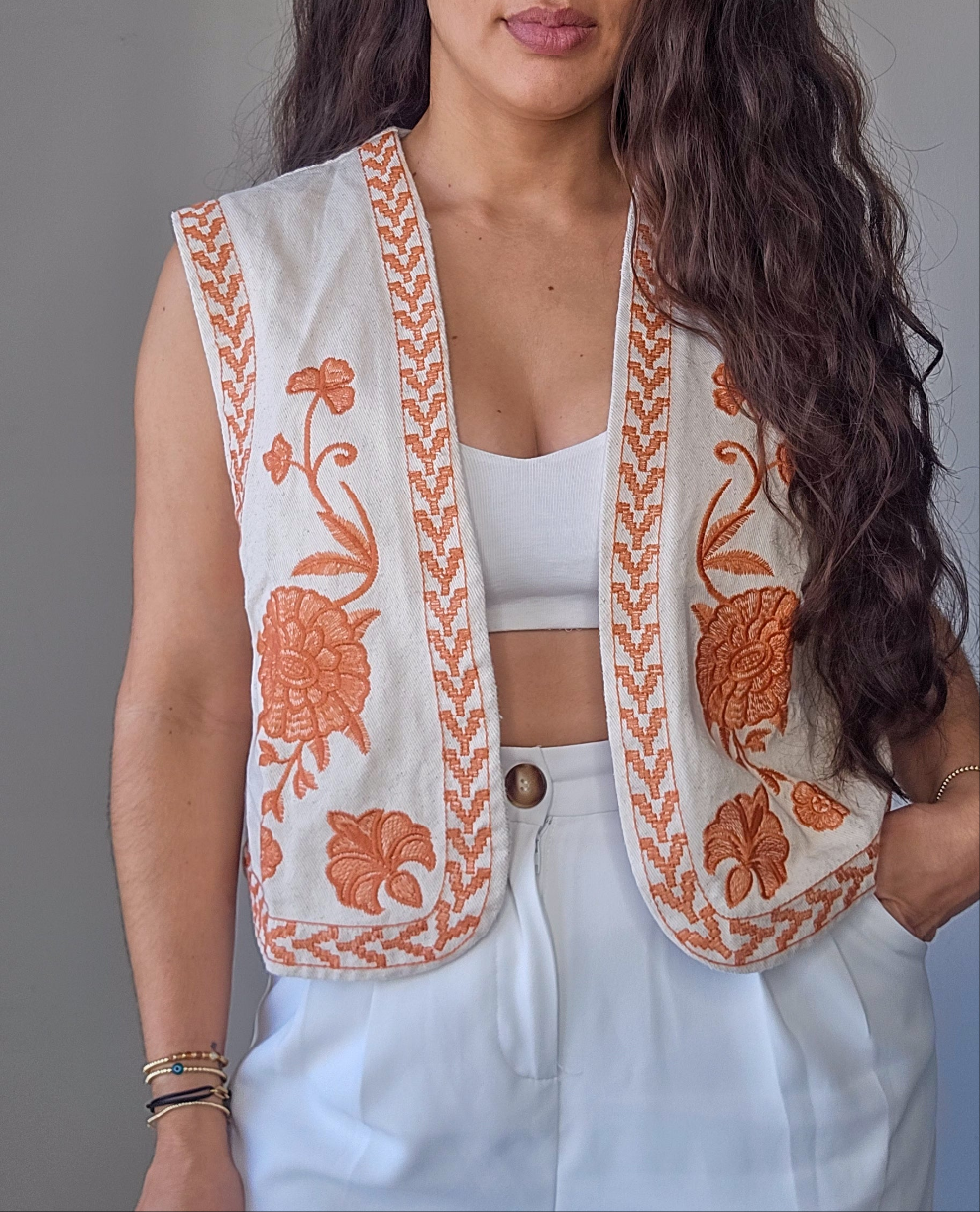Embroidered denim vest