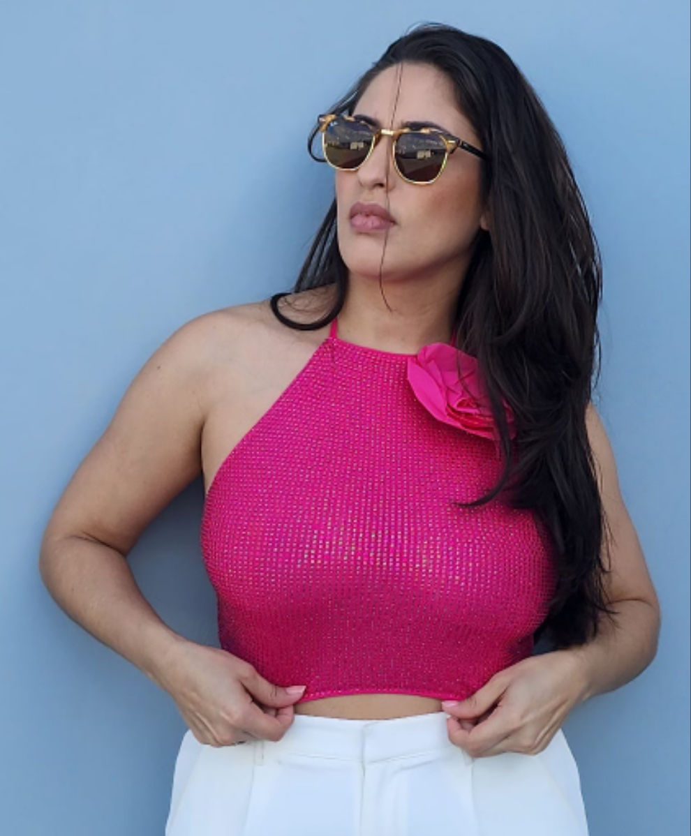 Rosette halter mesh top