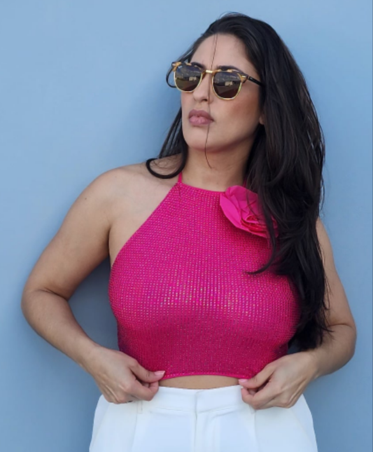 Rosette halter mesh top