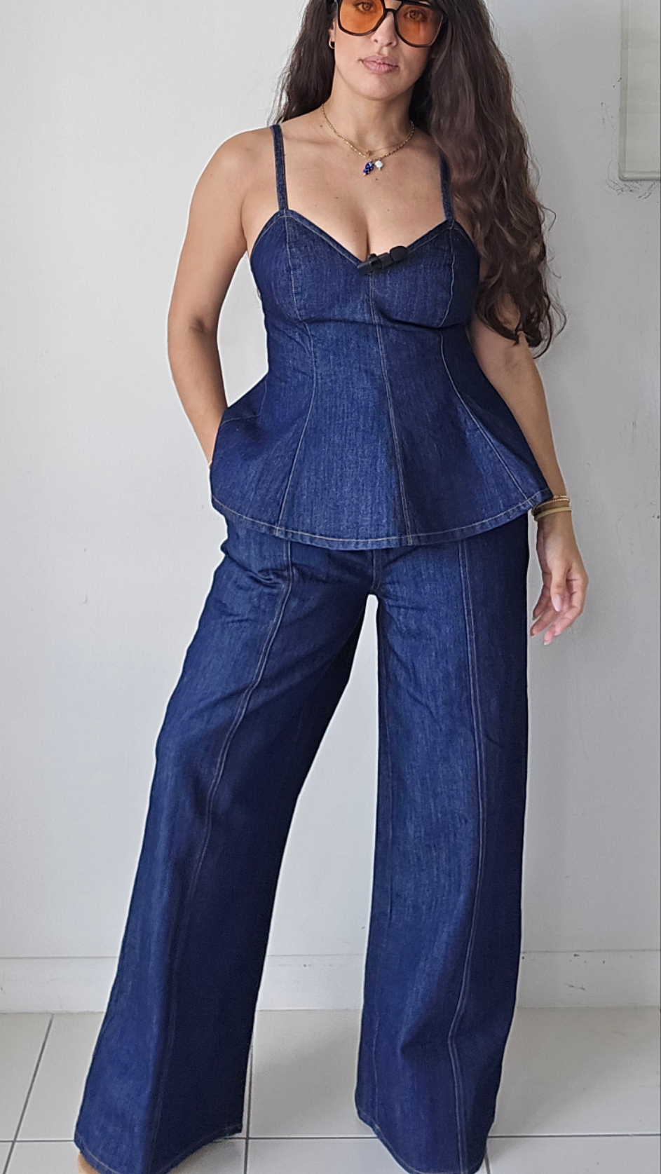 Denim top and long pants set