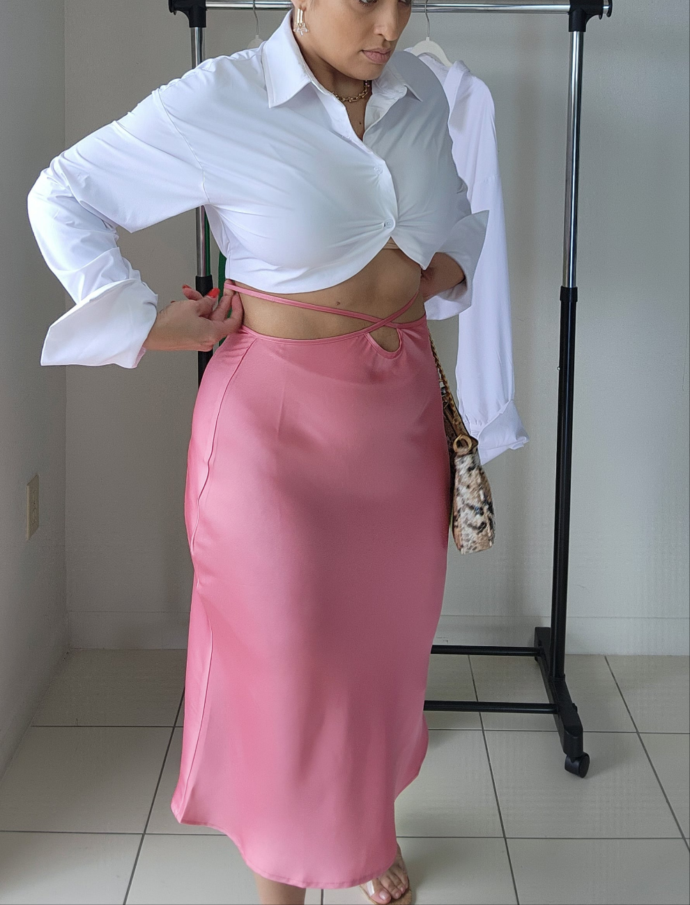 Pink satin midi skirt