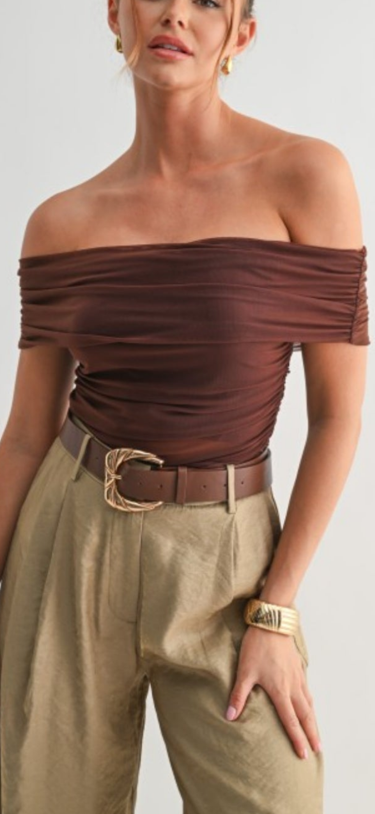 Mesh off shoulder ruched top