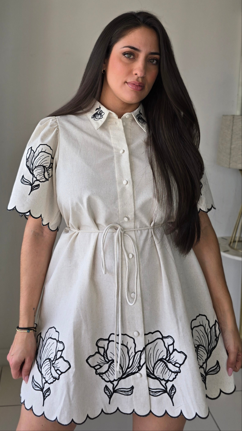 Linen Floral embroidery detail button down dress