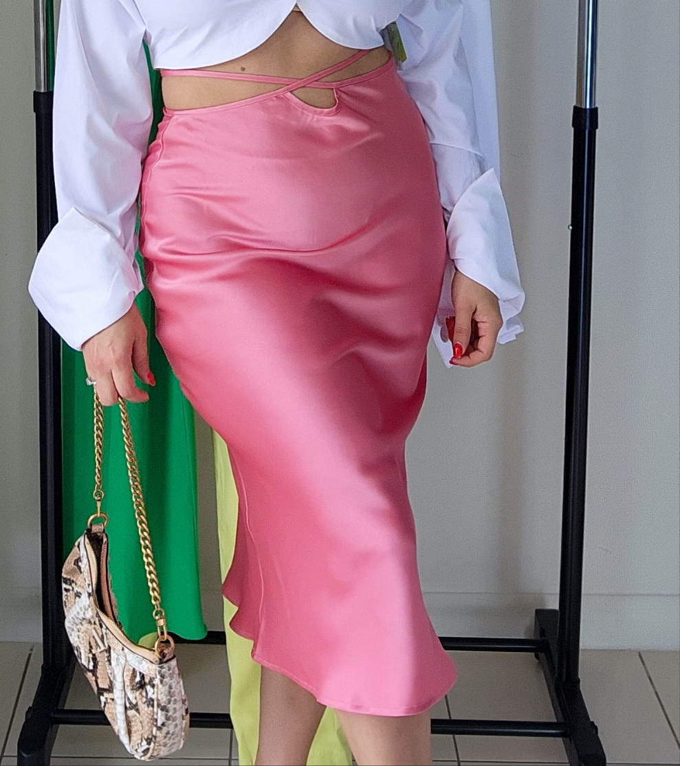 Pink satin midi skirt