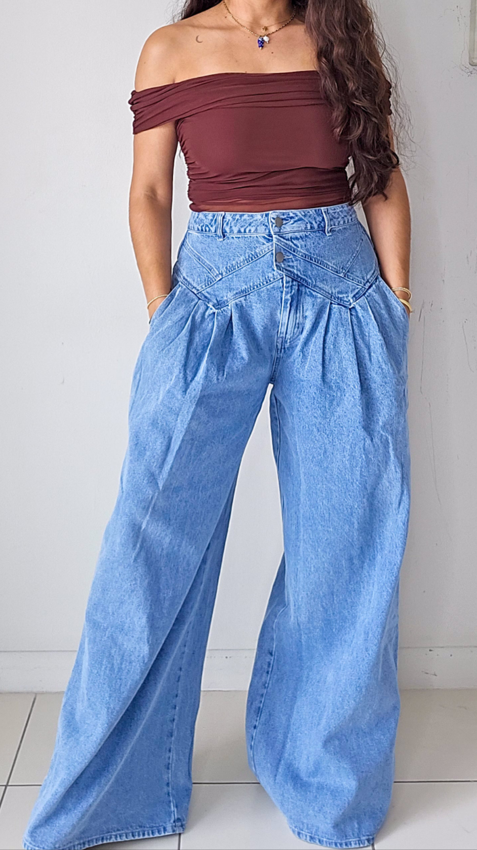Pin tuck wide leg denim pants