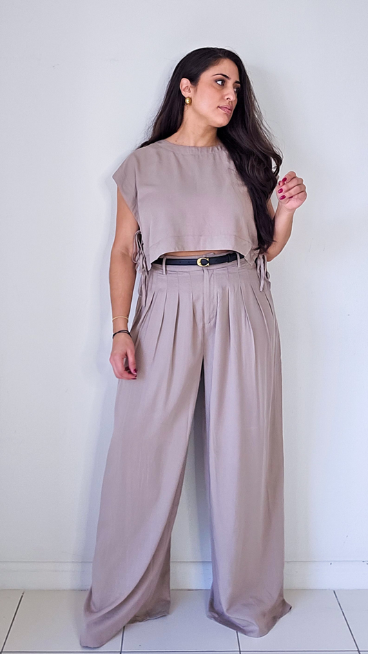 Mocha crop top and pleated wide leg pants set