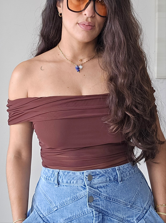 Mesh off shoulder ruched top