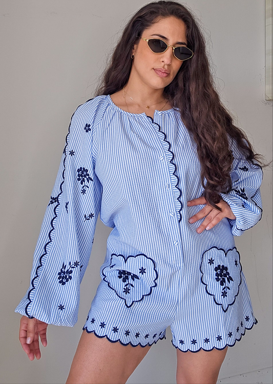 Embroidered heart pockets romper
