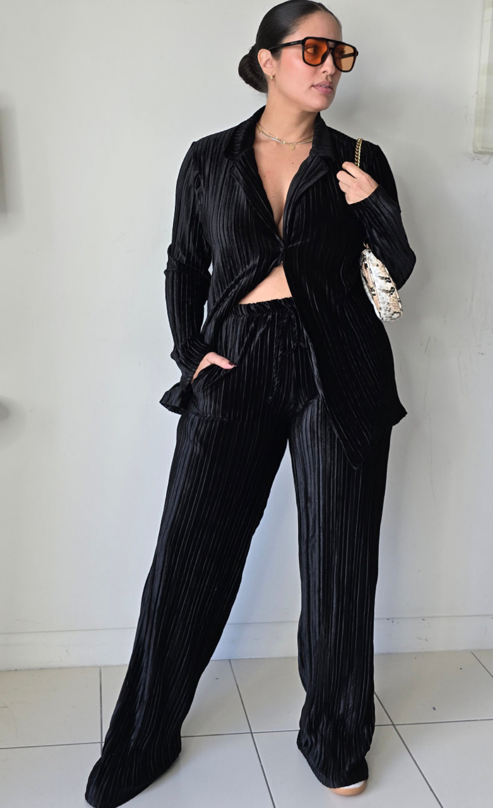 Pleated velvet top and pant set