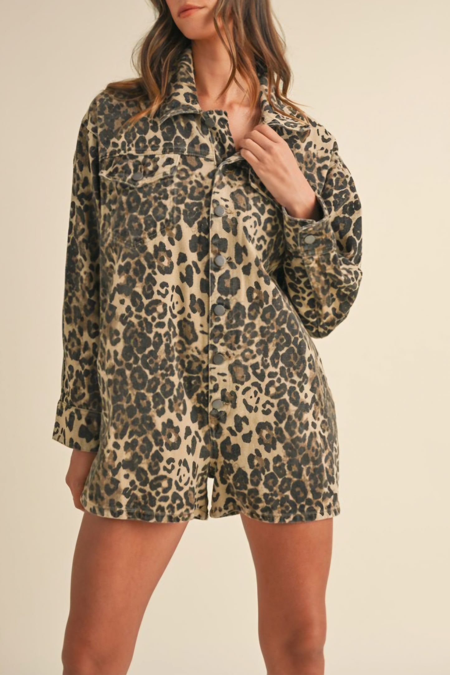 Leopard printed denim romper