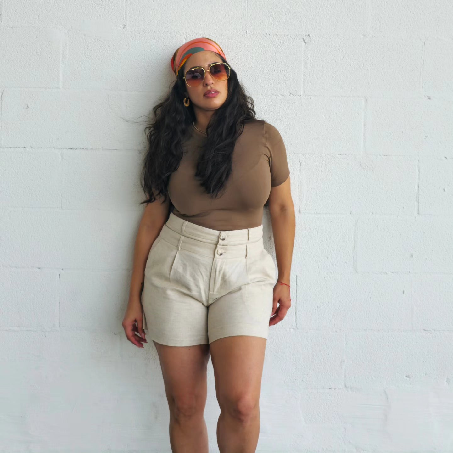 Double waistband linen shorts