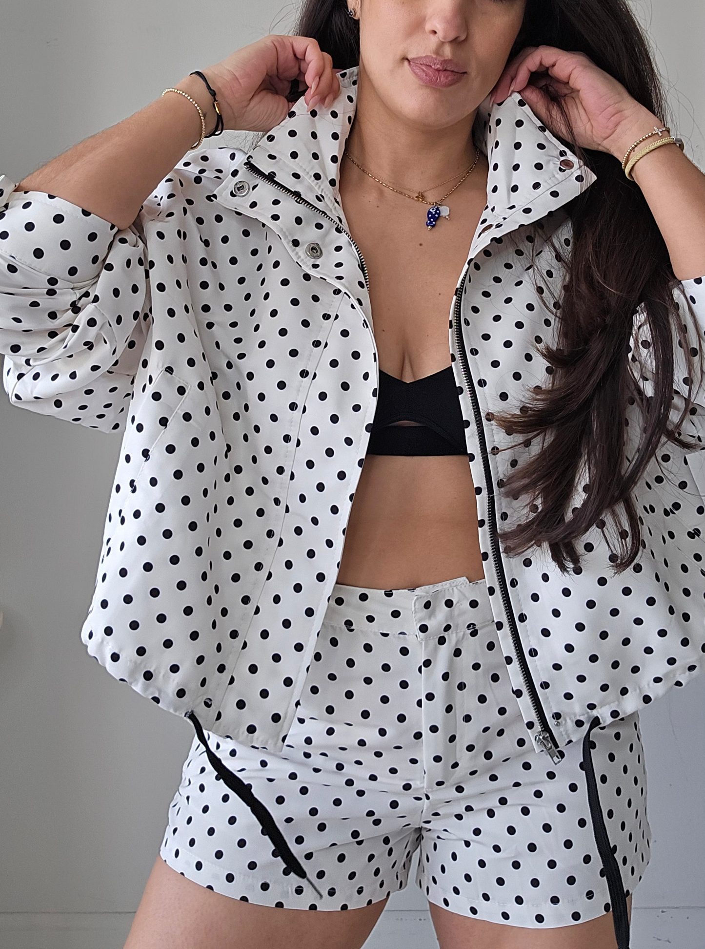 Polka dot Bomber Jacket and shorts set