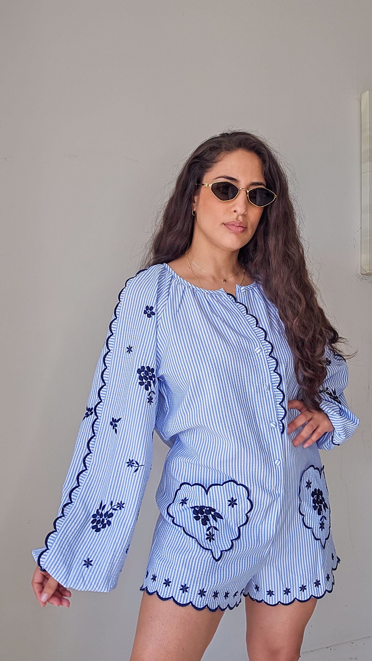 Embroidered heart pockets romper