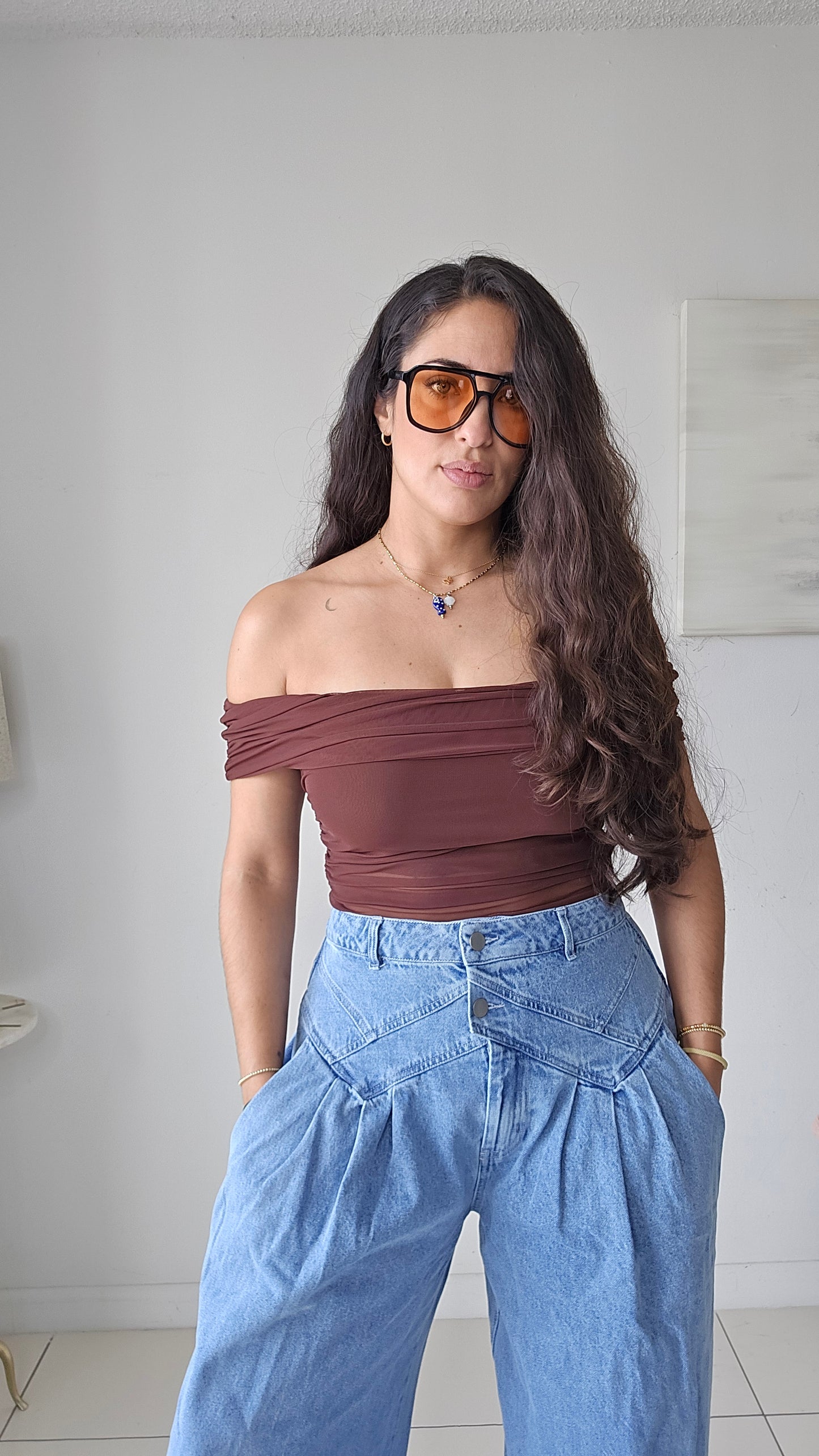 Mesh off shoulder ruched top
