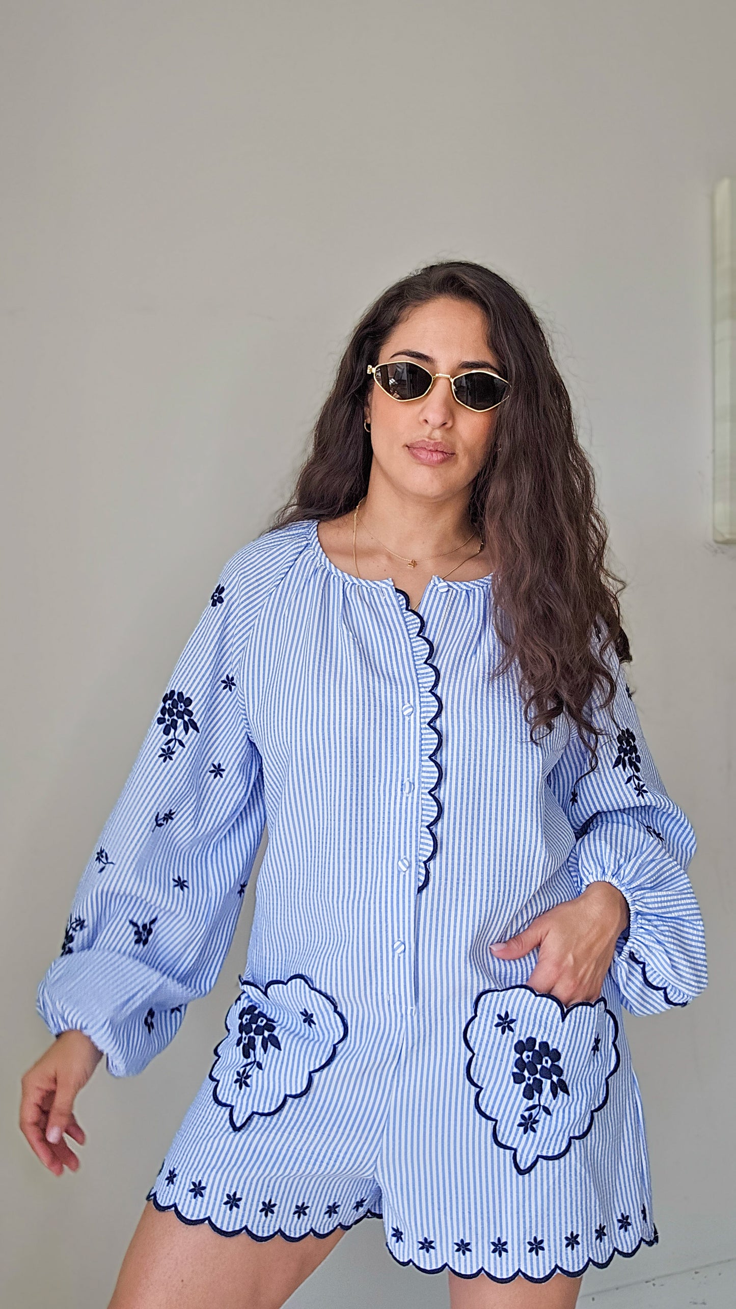 Embroidered heart pockets romper