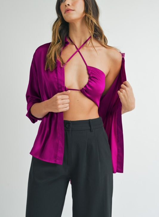 Satin 2pcs crop top and shirt