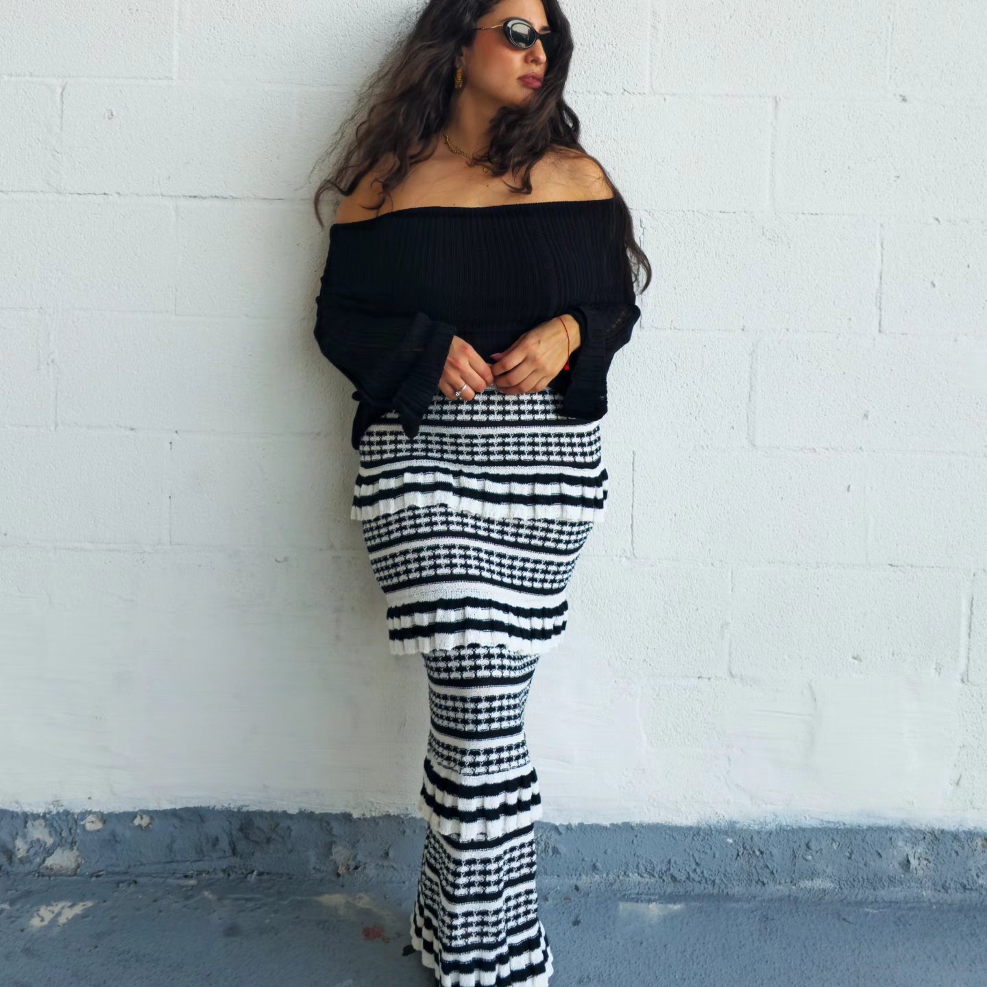 Stipes Ruffle Maxi Skirts