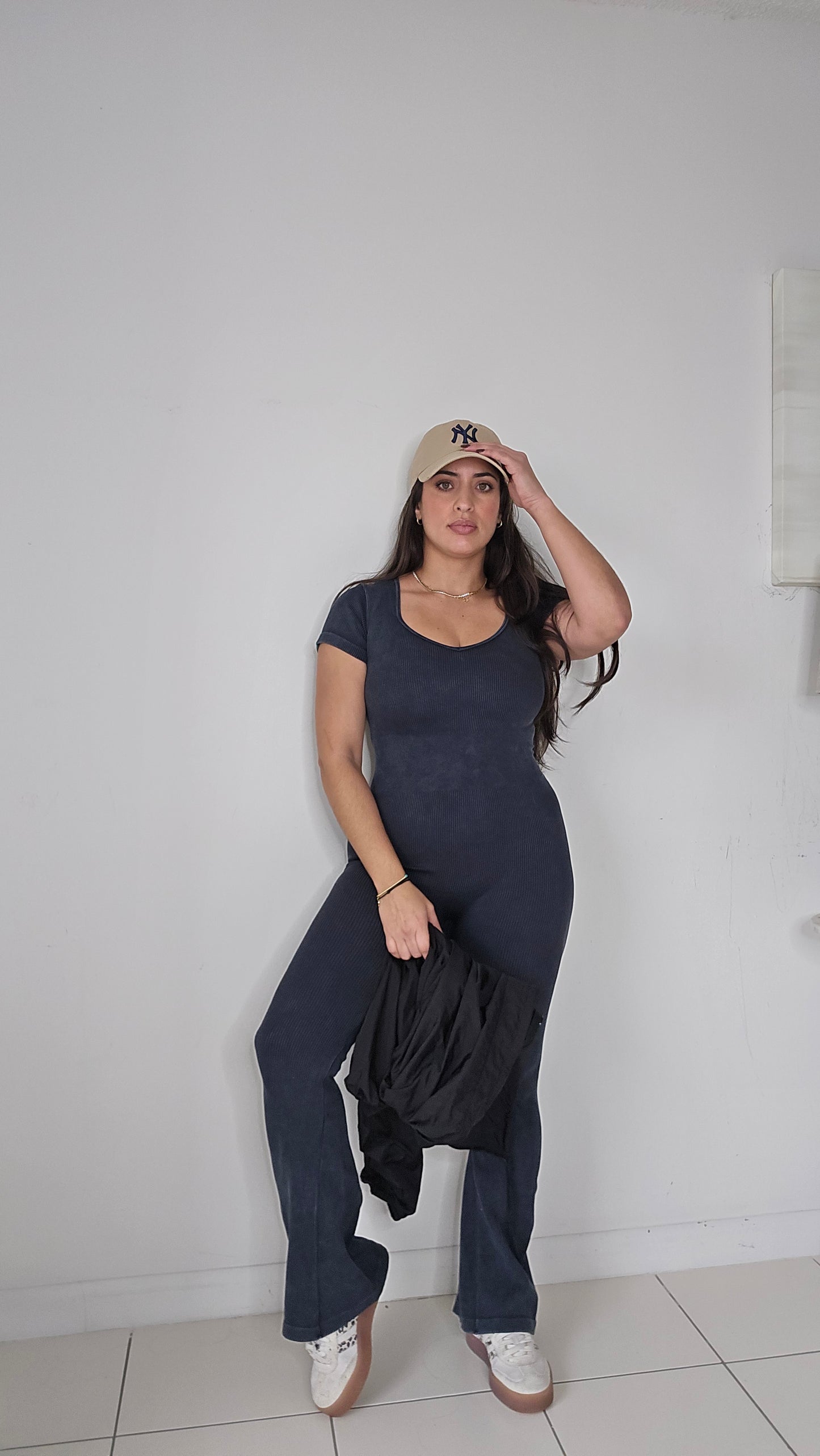 Ribbed washed short sleeve Flare Jumpsuit