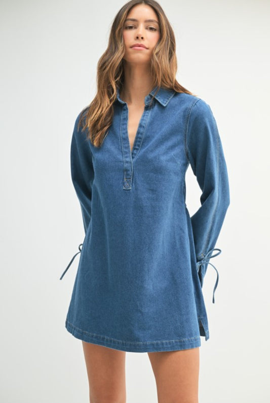 Denim shirt collar mini dress