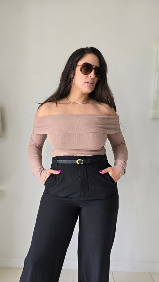 Smooth ribbed off the shoulder top