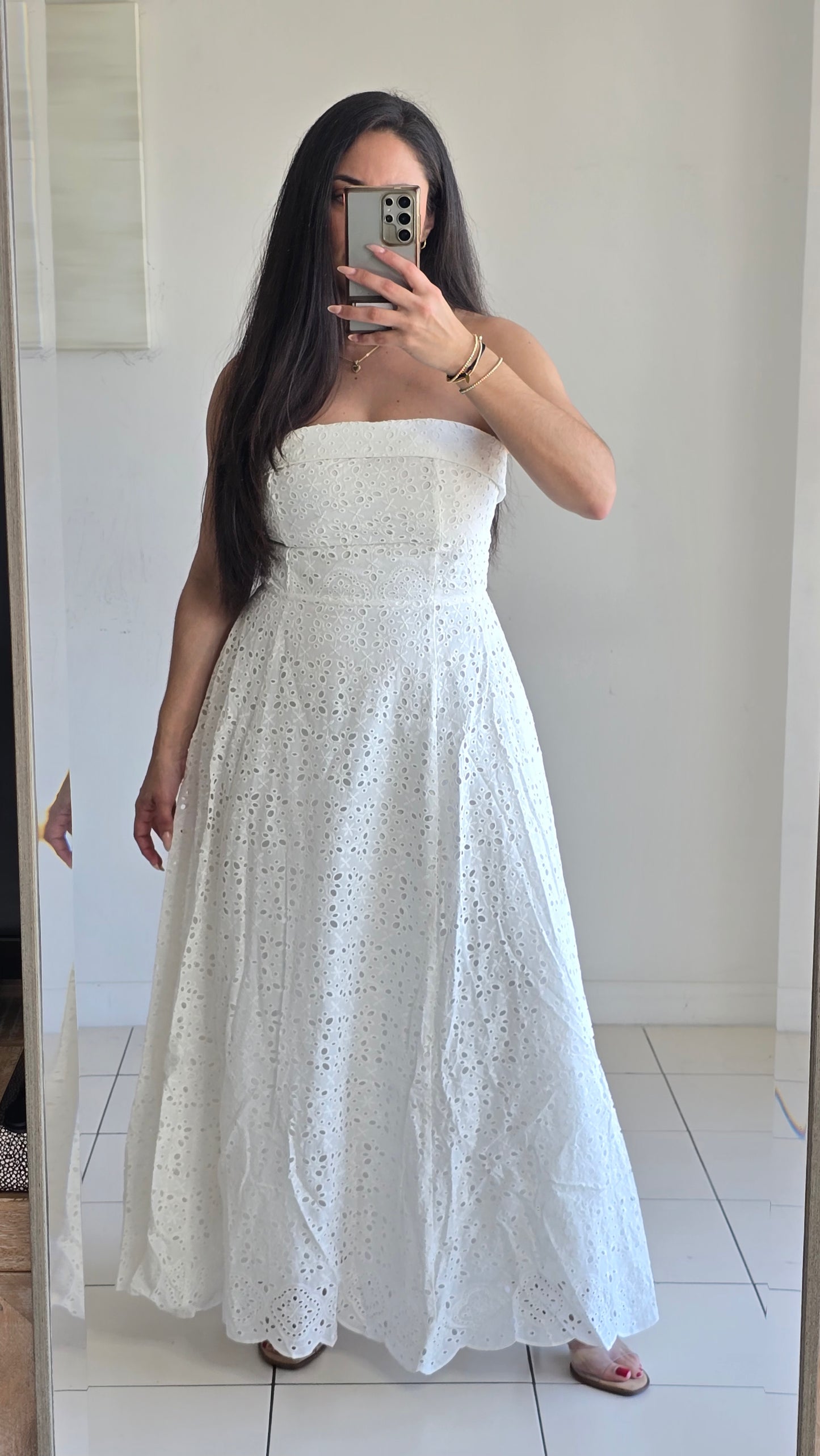 Eyelet tube midi flare dress