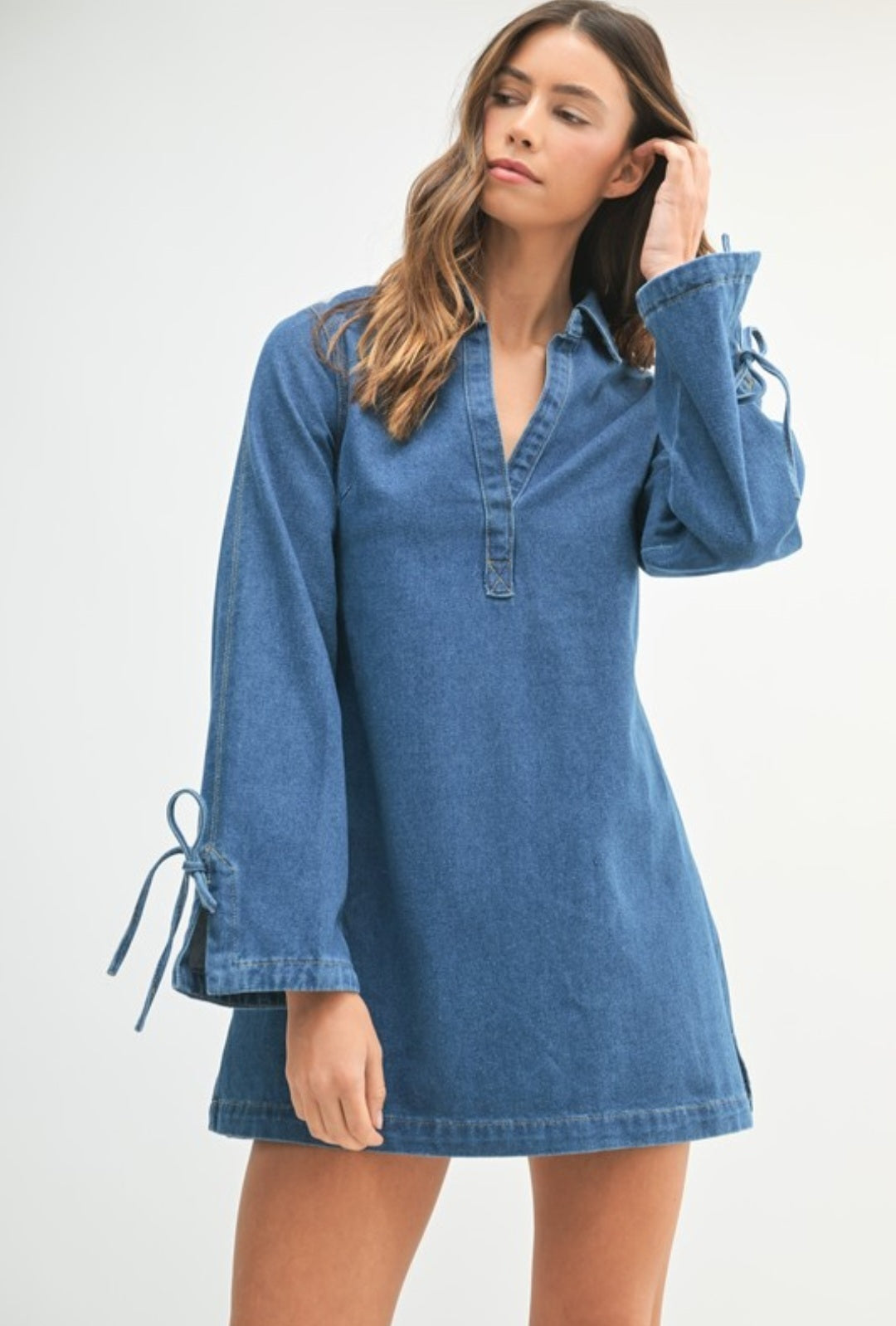 Denim shirt collar mini dress